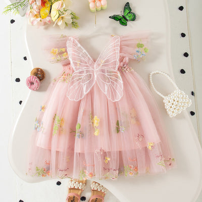 Summer New Sweet Butterfly Wing Baby Girl Princess Dress, Floral Chiffon Wedding Party Children'S Sleeveless Clothes (0-4 Years?
