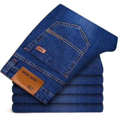 2025 Autumn Classic Men's Fitted Stretch Jeans Business Casual Cotton Denim Straight Leg Pants Male Black Blue Trousers