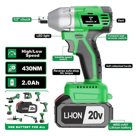 3-IN-1 Electric Wrench with High Torque 430Nm Brushless Electric Wrench for Car Maintenance Tools Cordless Wrench 20V Electric