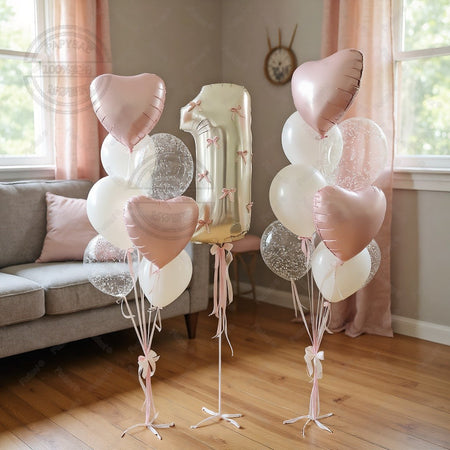 32inch Pink Bows Number Balloons Cream White Beige Number Foil Balloons Pink Bows For Birthday Coquette Themed Party Decor