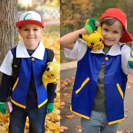 Men's Anime Trainer Cosplay Costume, Adult Ash Ketchum Outfit with Blue Jacket, Cap and Gloves, Unisex Halloween Party Disfraz