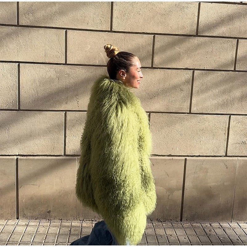 Fashion Solid Plush Faux Fur Coat Women Elegant Warm Long Sleeves Loose Jacket 2025 Lady Winter Chic High Street Outerwear ?