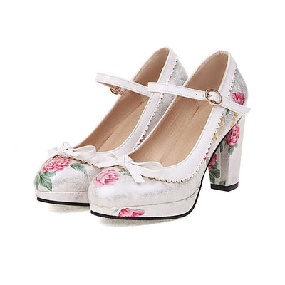 LIHUAMAO 2024 New design print flower Mary jane shoes platform pumps ankle strap round toe pumps party cosplay Ethnic style