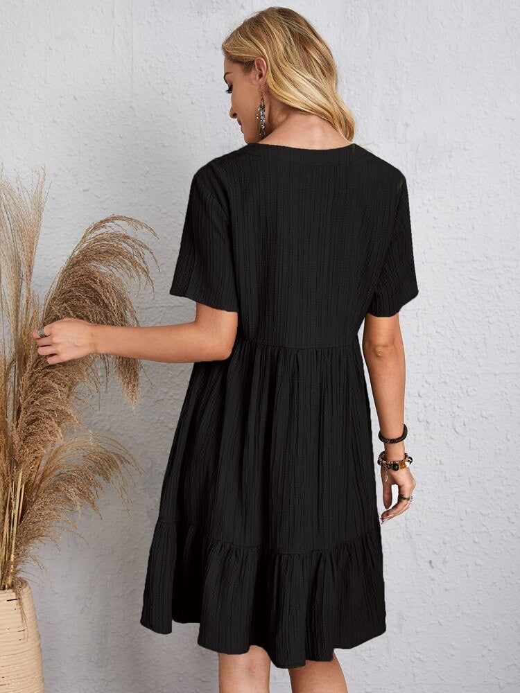 Women Elegant Short Sleeve V Neck Ruffles Dress Summer Casual Solid Loose Mini Dress Chic Bohemian Sundress Beach Party Vestidos