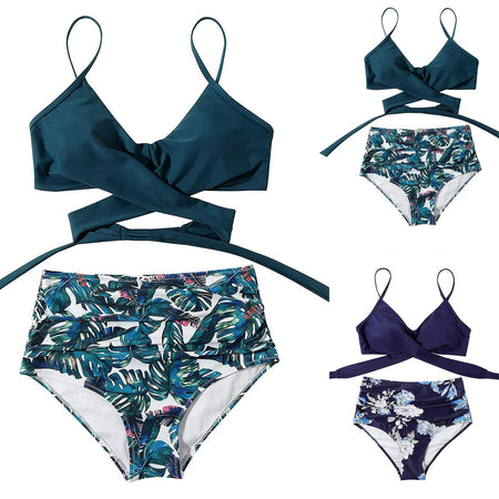 bikini Beach Style Floral Printed Women's Swimsuit Cross High Waisted Tow-piece For Teenagers biquinis feminino tendência 2024