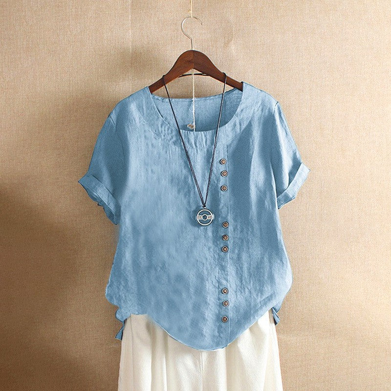 New Summer Women's Plus Size Shirt O-neck Cotton and Linen Loose Casual Ethnic Style Elegant Casual White Pink Top for Women