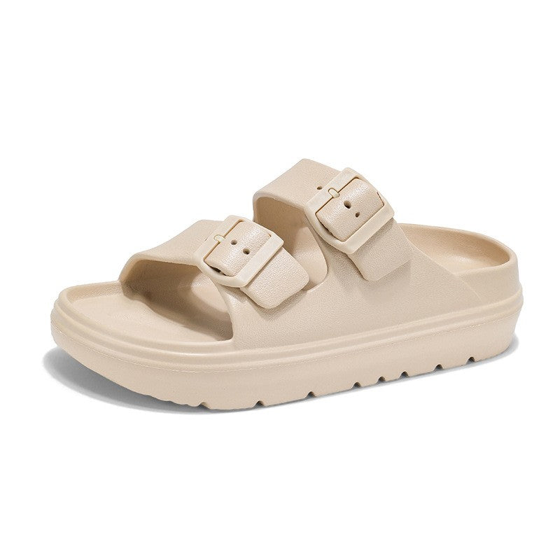 Bebealy Summer Breathable Soft-soled Beach Shoes Women Outdoor Double Buckle Embellished Sandals Non-slip Thick Sole Slippers