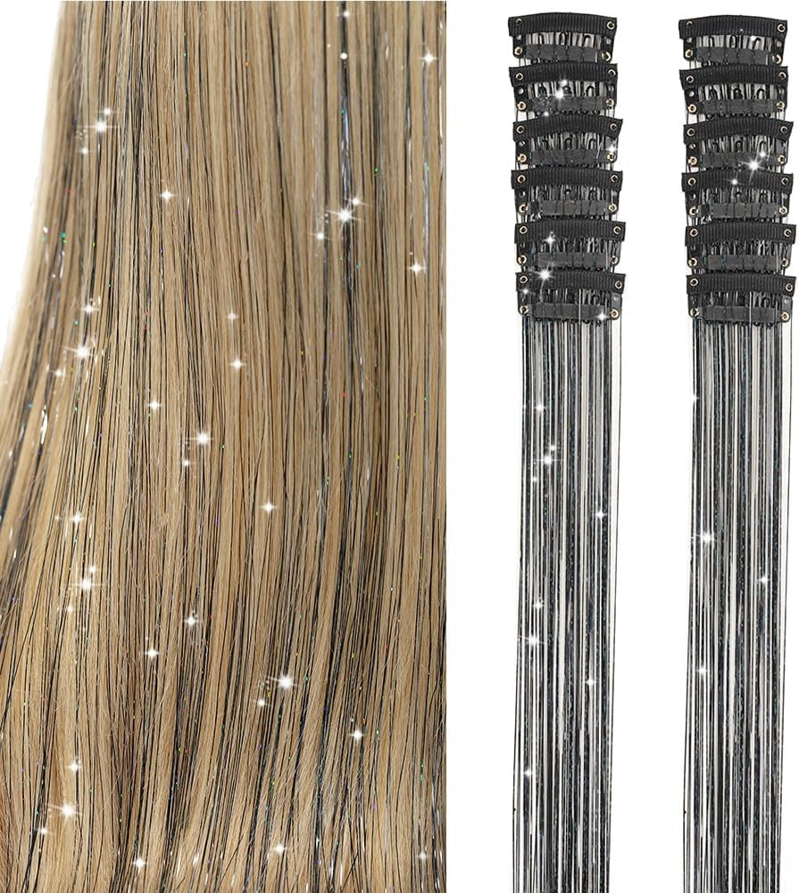 6Pcs 50cm Sparking Shiny Hair Tinsel Hair Extensions Tinsel Synthetic Hair Clip  Extensions Women for Braiding Headdress