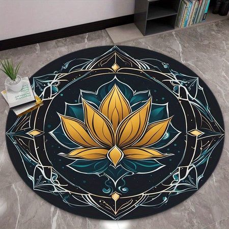 Golden Lotus Mandala Round Rug Crystal Velvet Floor Mat Spiritual Yoga Meditation Room Boho Chic Home Decorative Carpet