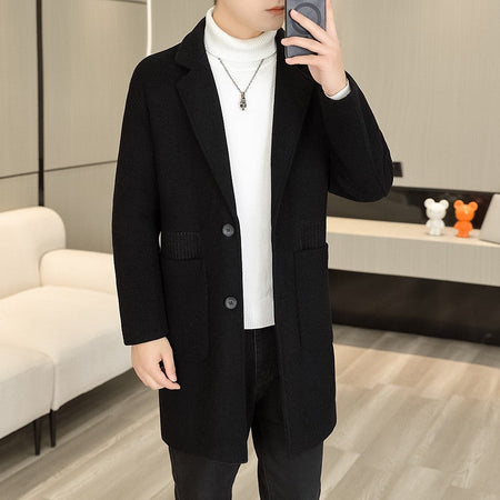 Men's Long Over-the-Knee Trench Coat Youth Black Business Casual Suit Collar Overcoat Mid-Length Trench Coat