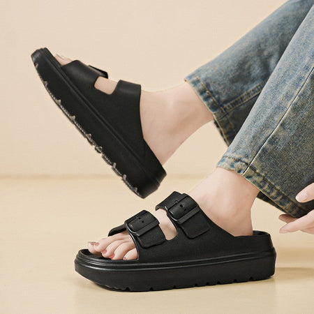 Bebealy Summer Breathable Soft-soled Beach Shoes Women Outdoor Double Buckle Embellished Sandals Non-slip Thick Sole Slippers