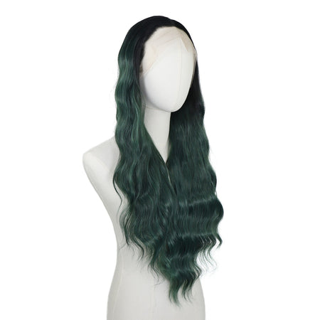 Ombre Dark Green Wavy Synthetic Wigs Dark Roots Cosplay 13x4 Lace Front Green Wig For Women Pre Plucked  Natural Hairline
