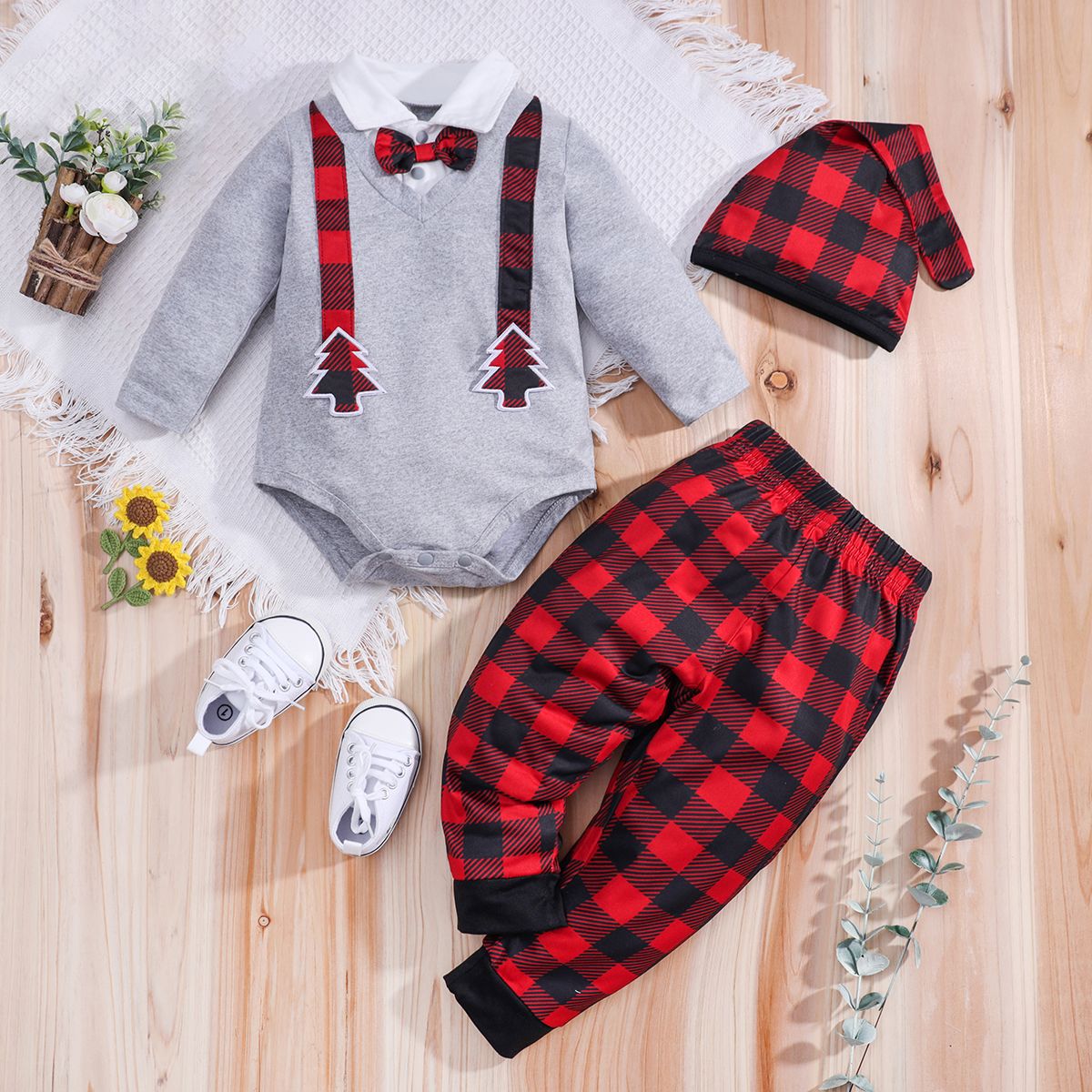3pcs IURNXB Newborn Baby Boy Girl Clothes Set Christmas Tree Long Sleeve Bodysuit Romper and Pants Hat Fall Winter Outfits 0-18M