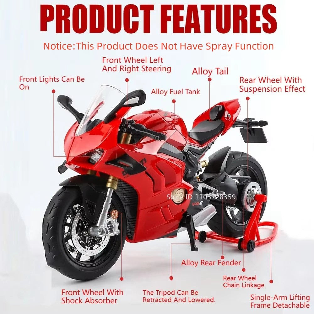 1:9 Scale 1299 V4S Miniature Motorbike Toy Models Alloy Diecast Sound Light Shock Absorption Ornament Motorcycles for Kids Gifts