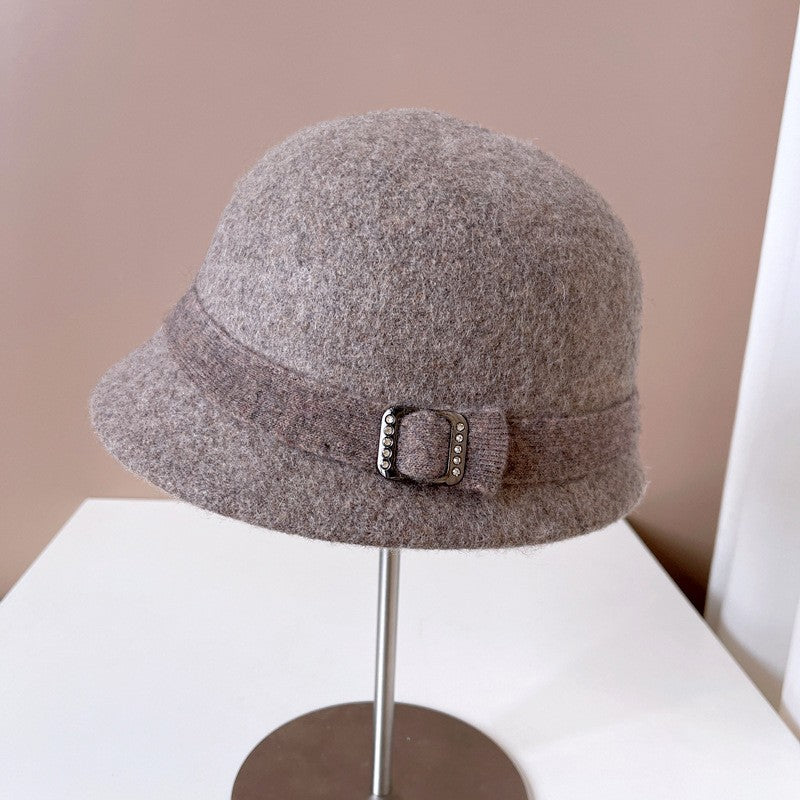 Japanese Wool Hat Women's Autumn and Winter Warm Knitted Hat Diamond Buckle Ribbon Fisherman Hat Front and Back Small Basin Hat