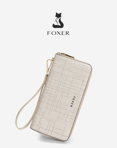 FOXER Split Leather Lady's Wallet Bifold Long Clutch Bag with Wristlet Fashion Card Holder Coin Purse Cellphone Money Bag