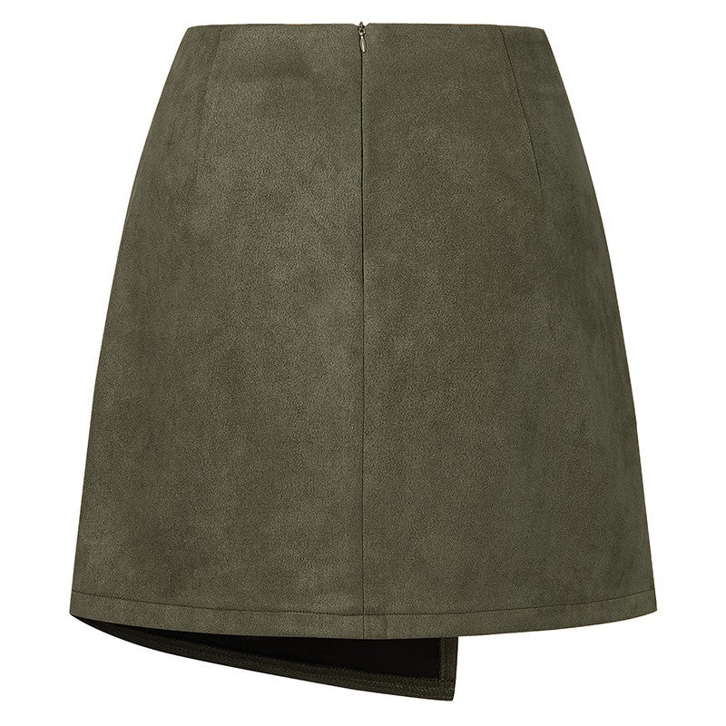 Chic Faux Suede Mini Skirts Women Design Irregular Button Skirts Woman Spring Autumn High Waist Zipper Up A-Line Skirt Ladies