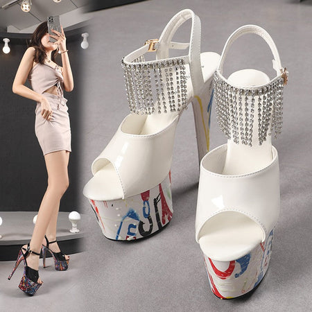 17CM Summer Shoes Women luxury Sandals Platform Ladies Shoes Stripper Womens High Heels Geometric Fluorescent Night light Heels