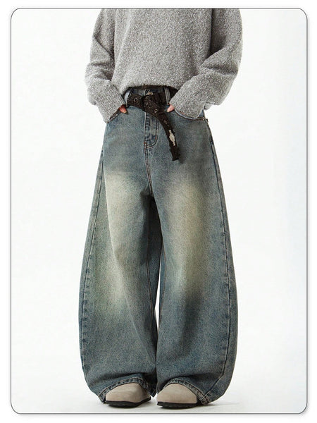 Men's Wear Blue Wide-Leg Denim Pants Baggy Jeans Vintage Three-Dimensional Cut Curved Knife Jeans Loose Fit Summer New Trend