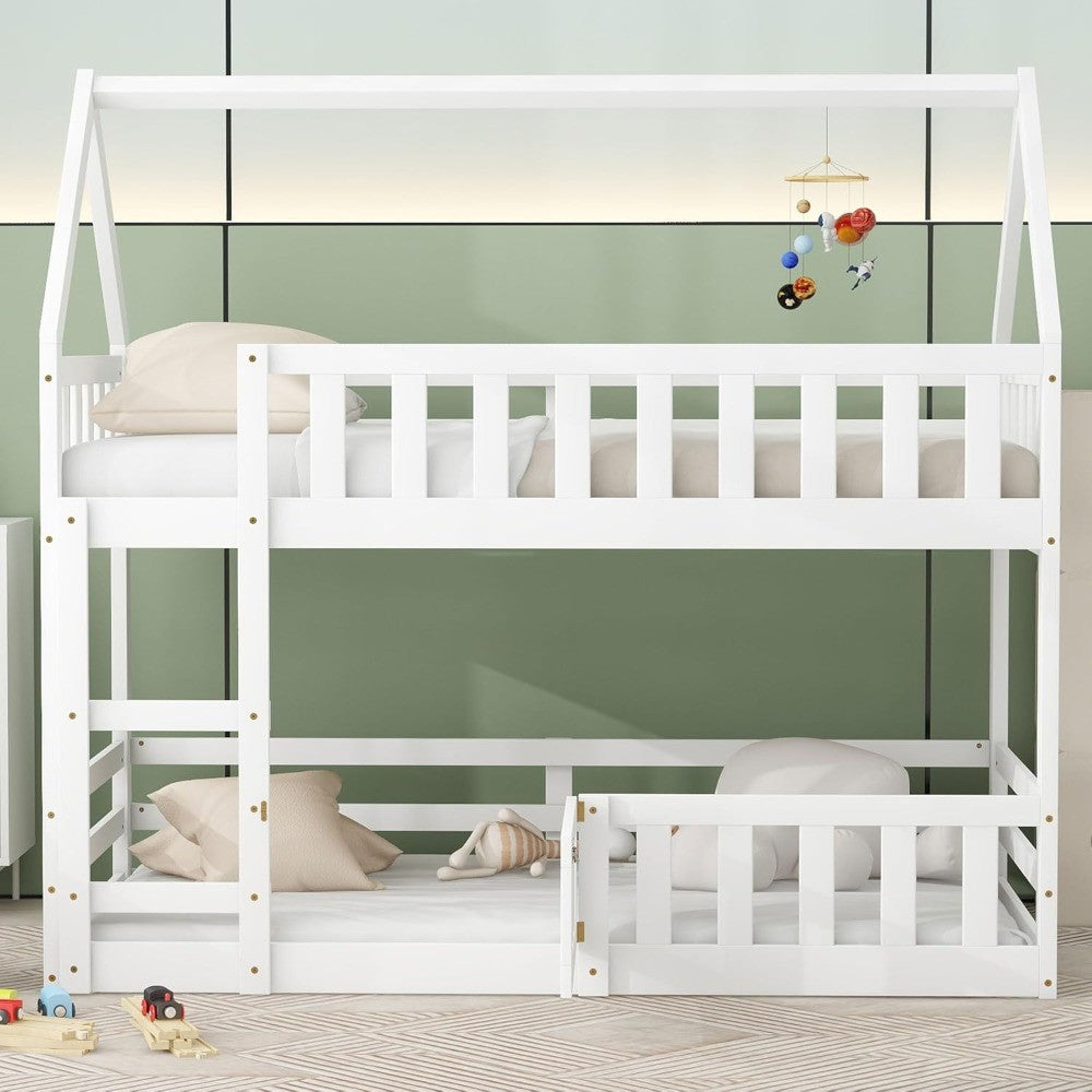 Twin Over Twin House Bunk Bed Frame for Boys Girls Kids Adults Toddler with Fence and Door, White