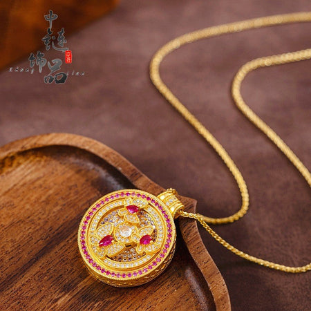 Luxury 9999 24K Solid gold certifid ancient method diamond garden butterfly compass pendant rotating compass pendant for women