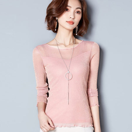 2025 Glitter Mesh Blouse Sexy Womens Shirts Long Sleeve Tops Korean Black Pink O-Neck Elegant Slim Blouse Camisas Femininas