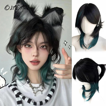 OLACARE Short Mullet Head Wigs with Bangs Synthetic Straight Anime Men Black White Gray Green Hair Wig for Daily Party Cosplay