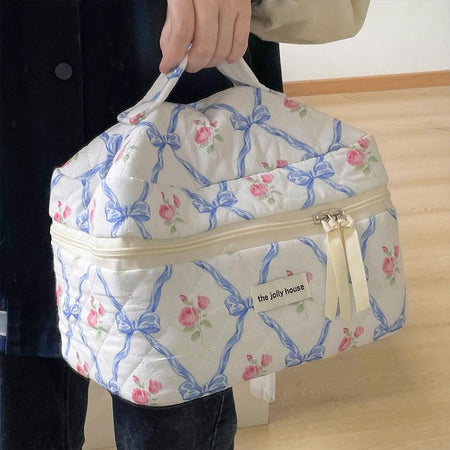 Cute Bow Flower Cloth Handbag Quilting Cotton Makeup Bag Women Zipper Cosmetic Organizer Portable Toiletry Case for Girls