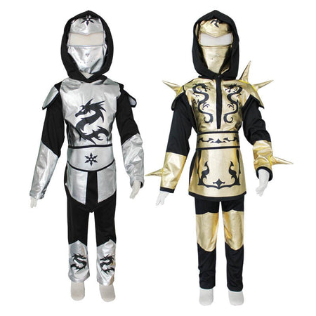 Kids Gold Sliver Dragon Ninja Cosplay Costume Boys Samurai Cosplay Hooded Pants Party Fancy Costume for Height 110-130cm