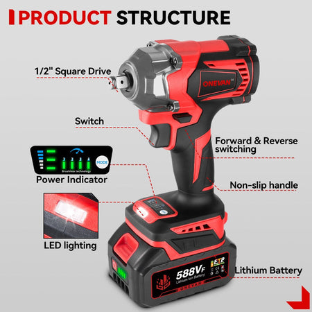 ONEVAN 1200W Brushless Cordless Electric Impact Wrench Portable Screwdriver Drill Repair Power Tool For Makita 18V Battery Pin