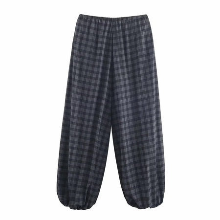 Women's 2025 Autumn Fashion Versatile Ramie Bloomers Plaid Printed Loose Pants Female High-Waist Drawstring Casual Trousers