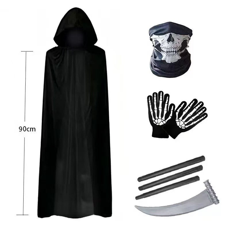 Terror Stitch Halloween Party Cosplay boy Adult Death Black Cloak, Halloween Death Skull Skeleton Ball Costume Prop Set