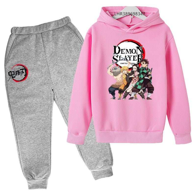 Anime Demon slaying ninja Suitable for children's hooded sweatshirt outerwear pants set autumn winter clothing for boys girls