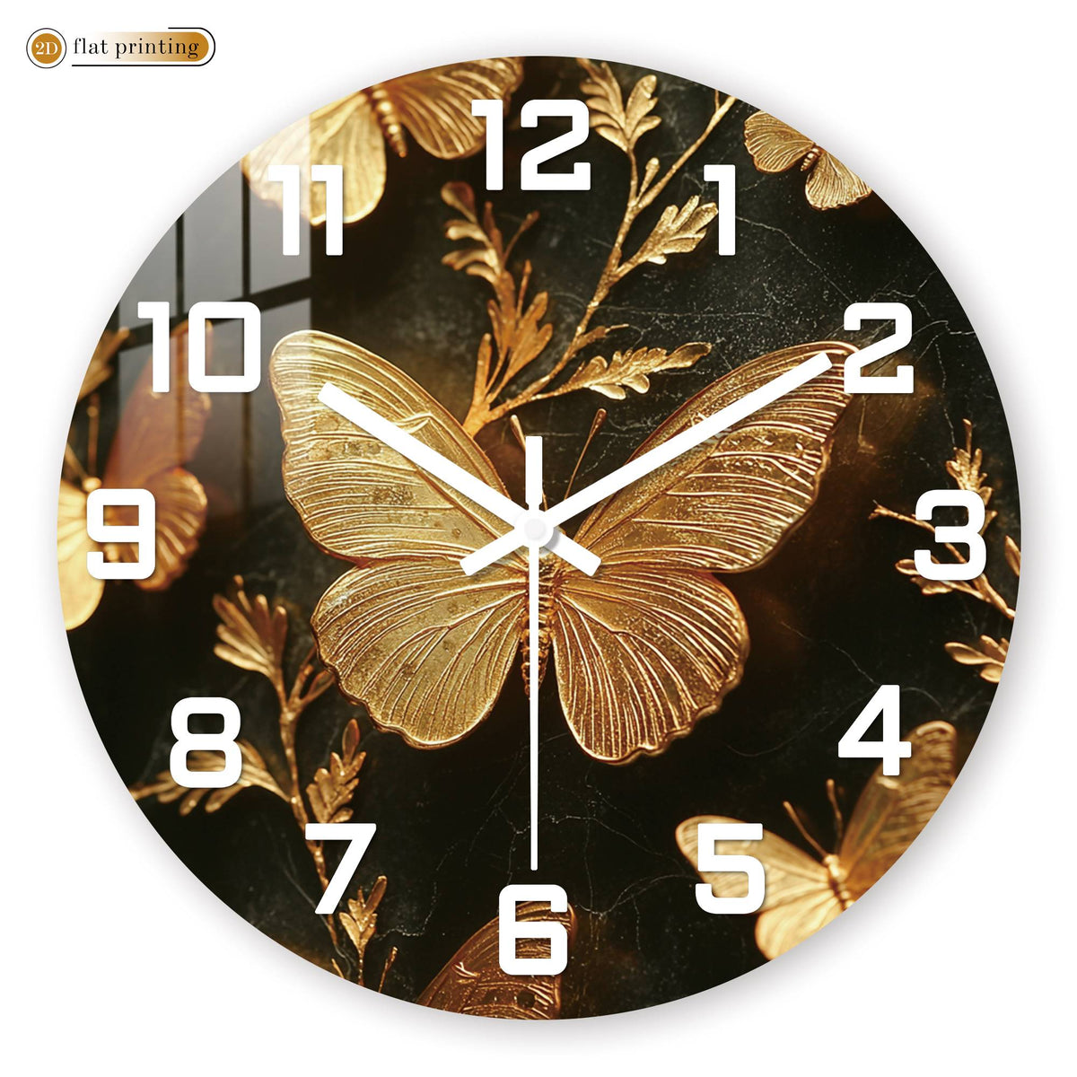 Golden Butterfly Elegance Wall Clock, Luxe Marble Background Decor, Glamorous Home or Office Timekeeper