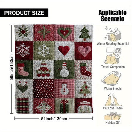 1pc Festive Christmas Quilt Squares Print Flannel Throw Blanket - Cozy Holiday Design with Santa Hats Hearts and Snowflakes