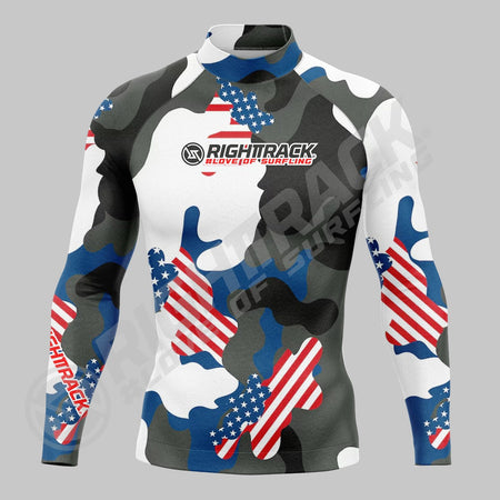 Hot Men's Rashguard Surfing Shirt Camo Lycra Fabrics RIGHTTRACK Surf Sportswear Beach UV Swimwear UPF50+ Clothes