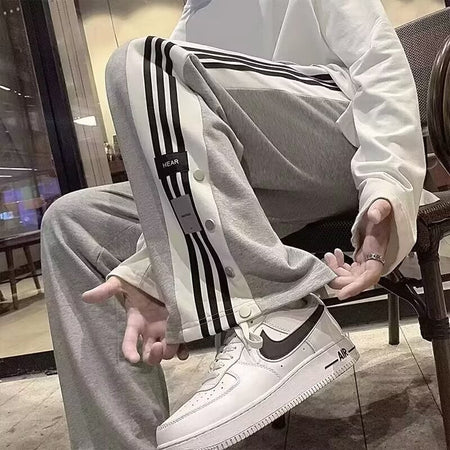 Button down casual pants for men in summer, Korean style trendy stripes, color blocked high street straight leg pants, Hong Kong