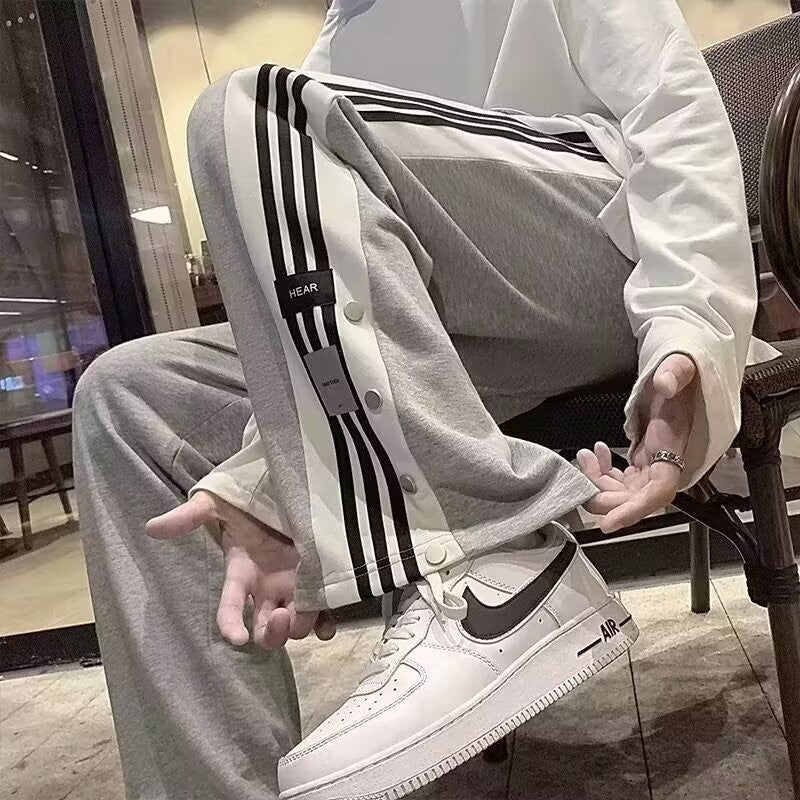 Button down casual pants for men in summer, Korean style trendy stripes, color blocked high street straight leg pants, Hong Kong