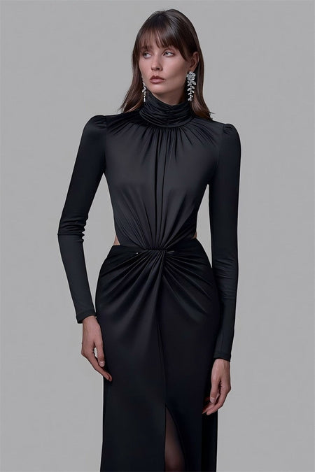 Mozision Turtleneck Backless Sexy Maxi Dress Women Gown Autumn Winter Elegant Long Sleeve Thigh High Split Club Party Long Dress