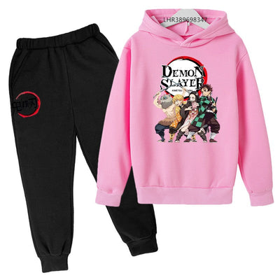 Anime Demon slaying ninja Suitable for children's hooded sweatshirt outerwear pants set autumn winter clothing for boys girls