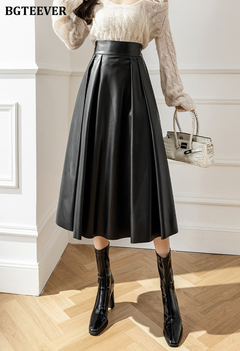 BGTEEVER Spring Autumn Loose PU Leather A-line Skirts Women Elegant High Waist Pleated Faux Leather Skirts Female