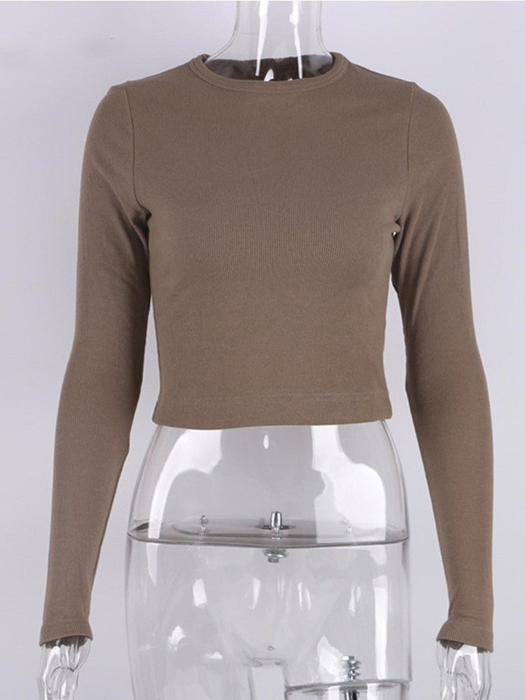 O Neck Long Sleeve Shirt Women Ribbed Sexy Cropped Tops 2024 Spring Black Casual Skinny Slim Basic Woman T Shirts White