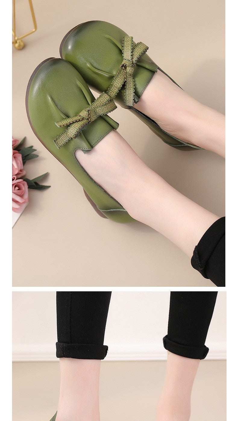 Vintage Plain Oxfords Shoes Women's Genuine Leather Flats Ladies Laced Up Moccasins Elderly Woman Square Toe Driving Loaferss