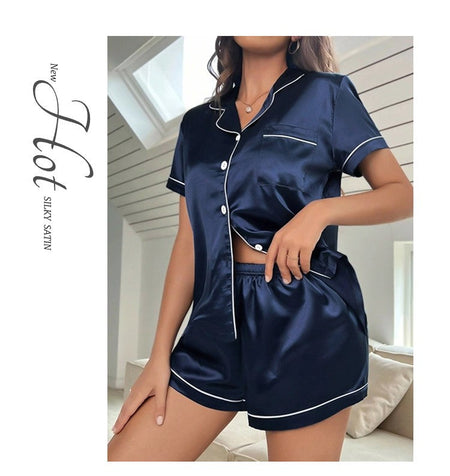 Luxurious Satin Pajama For Women Turn-down Collar Button Top & Shorts Sleepwear & Loungewear for Summer Home Clothes Suit