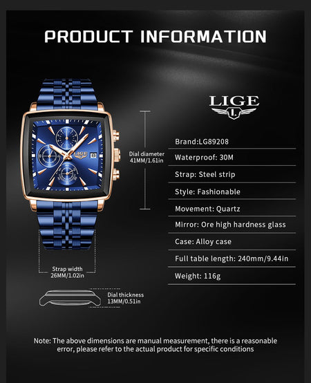 LIGE Top Brand Luxury Mens Watches Fashion Military Square Chronograph Quartz Wristwatches For Men Sports Waterproof Watch Men