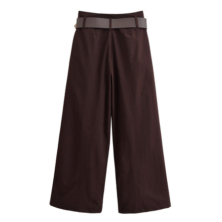 Tidalyf 2025 Women Vintage Brown Wide Leg Pants with Metal Belt High Waist Casual Trousers