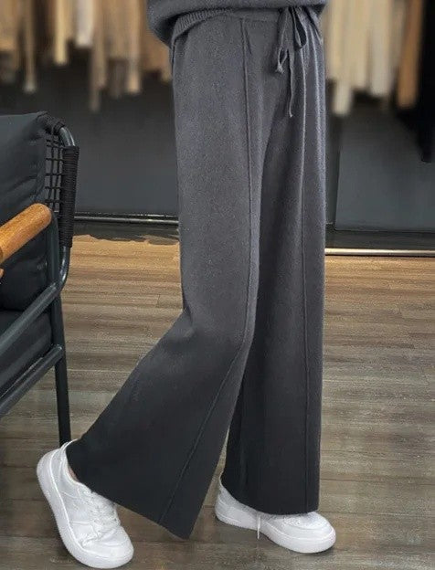 High Waist Wide Leg Pants Mid-Seam Knitted Trousers Drawstring Waist Belted Floor-Length Pure Color Versatile Autumn Winter Casu