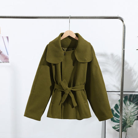 Woolen Solid Women Coat Fashion Belt Patchwork Lace Up Full Sleeve Lapel Lady Jacket 2025 Autumn Winter Female Loose Streetwear