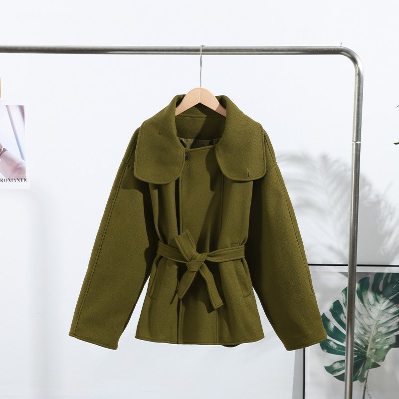 Woolen Solid Women Coat Fashion Belt Patchwork Lace Up Full Sleeve Lapel Lady Jacket 2025 Autumn Winter Female Loose Streetwear