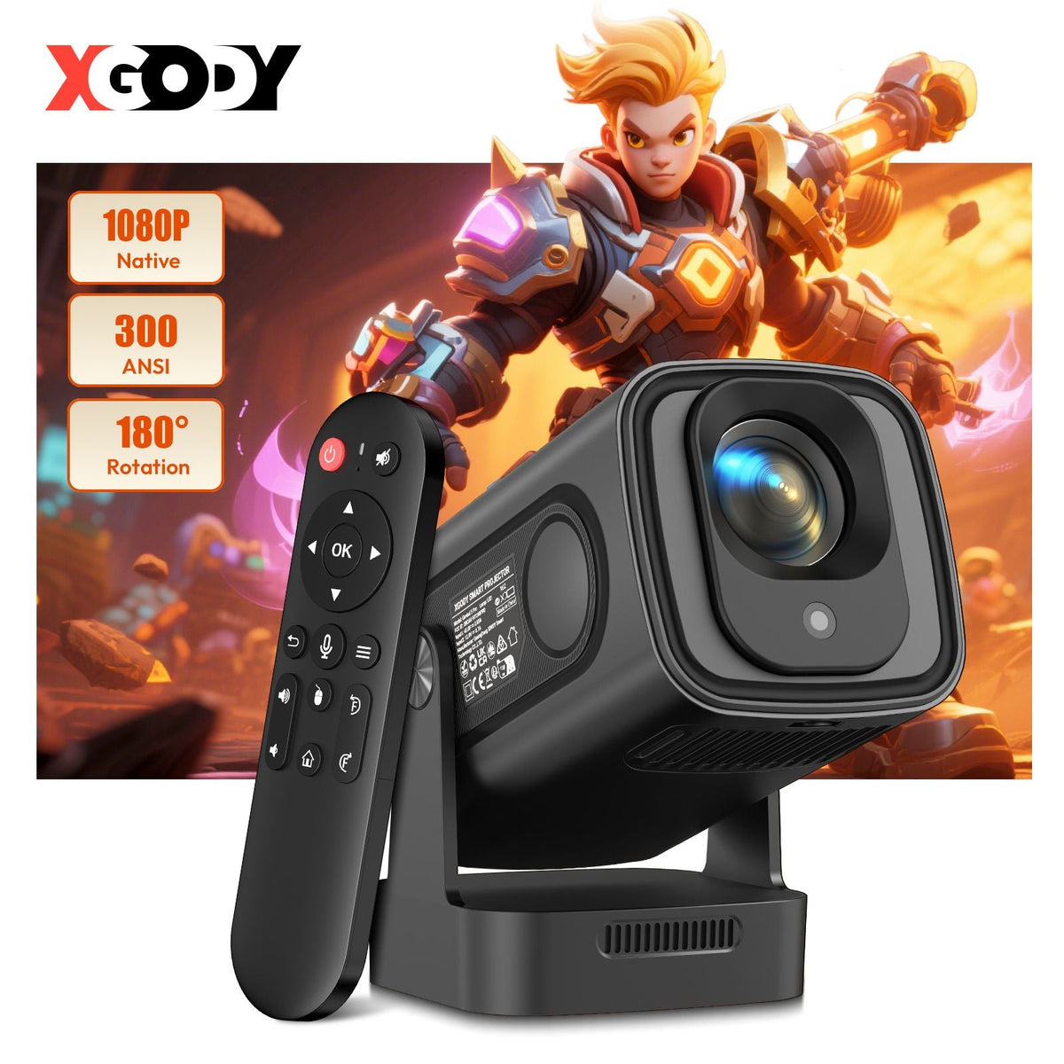 XGODY Projector 4K 350ANSI Short Throw Speaker Base Android Bluetooth WiFi Native 1080P Auto FocusHome Theater